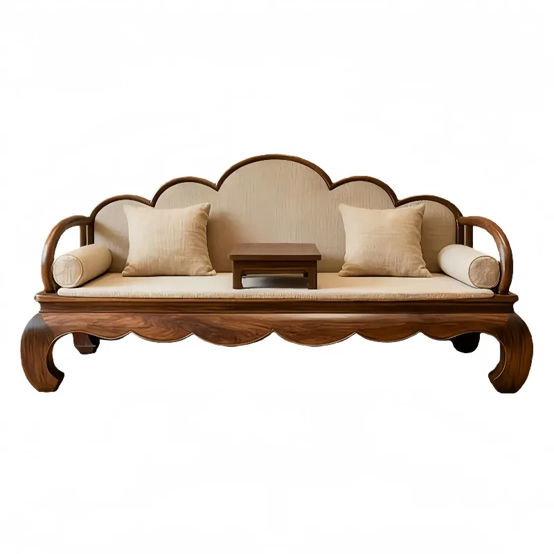 New Chinese solid wood sofa black walnut wood carving flower backrest simple zen living room Arhat bed leisure chair