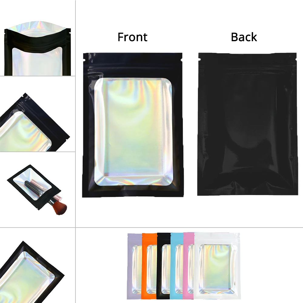 Imagem -03 - Folha de Alumínio Embalagem Bolsa com Janela Clara Logotipo Personalizado Impresso Vários Tamanhos Preto Brilhante Ziplock Holographic Pouch