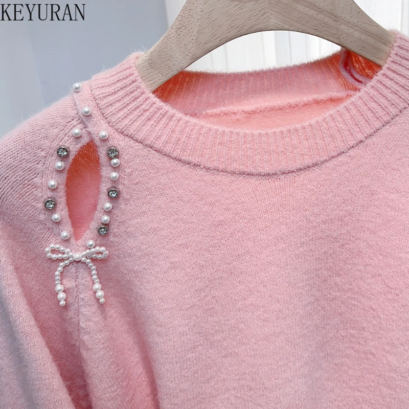 Otoño Invierno rebordear jerseys de punto mujeres suéteres moda coreana cuello redondo manga larga prendas de punto sólidas Tops Pull Femme Jumpers