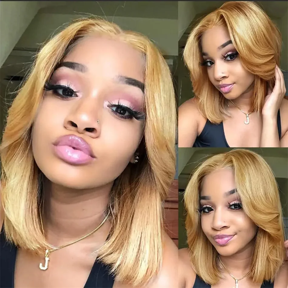 Super Double Drawn Bone Straight Bob Wig para mulheres negras, 100% cabelo humano, Ombre, Honey Blonde, 200% Densidade, Lace Front Wig, 13x4