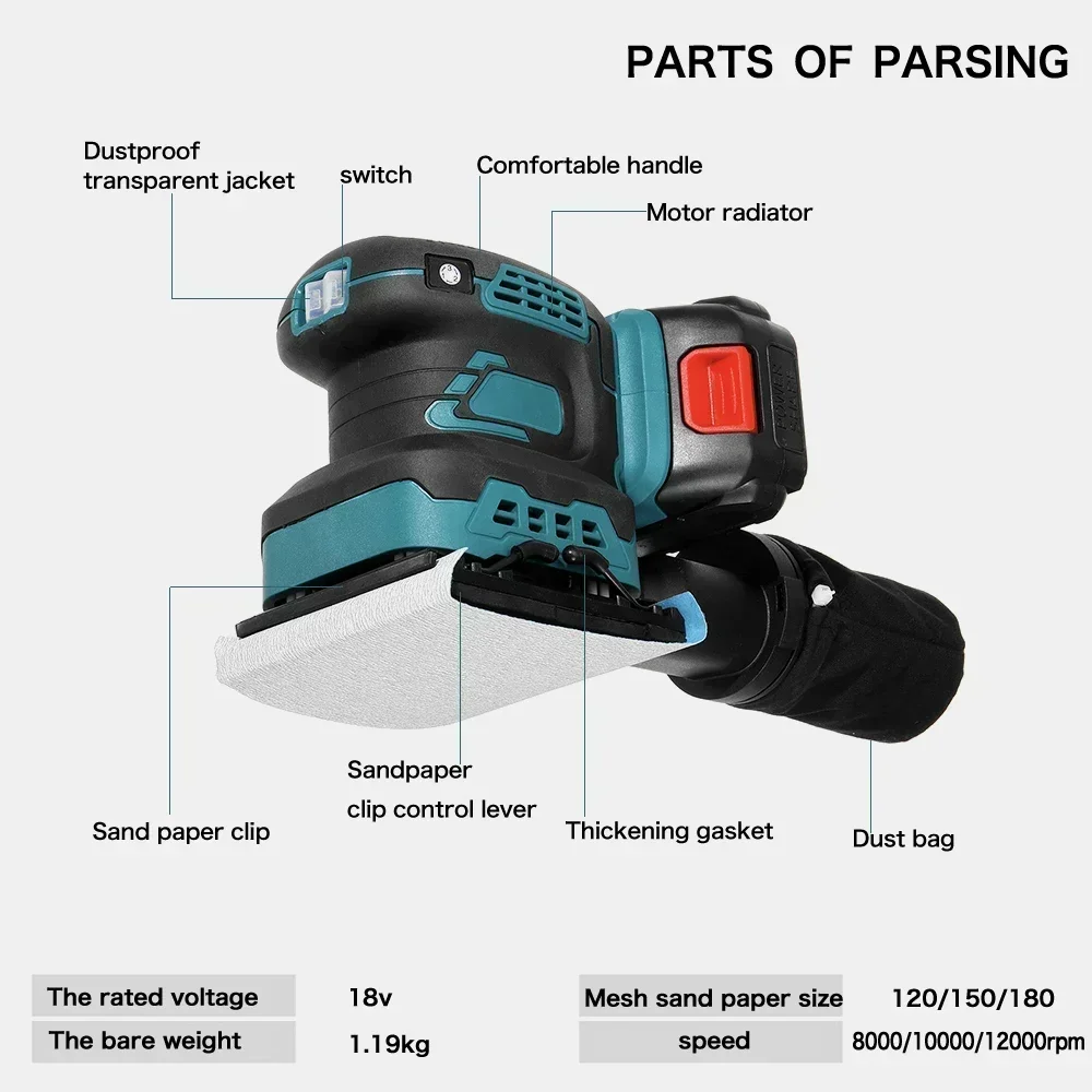 20V Wireless Square Base Electric Random Orbital Sander Polisher Tool Polishing Machine Grinder for Car Paint Care Rust Removal