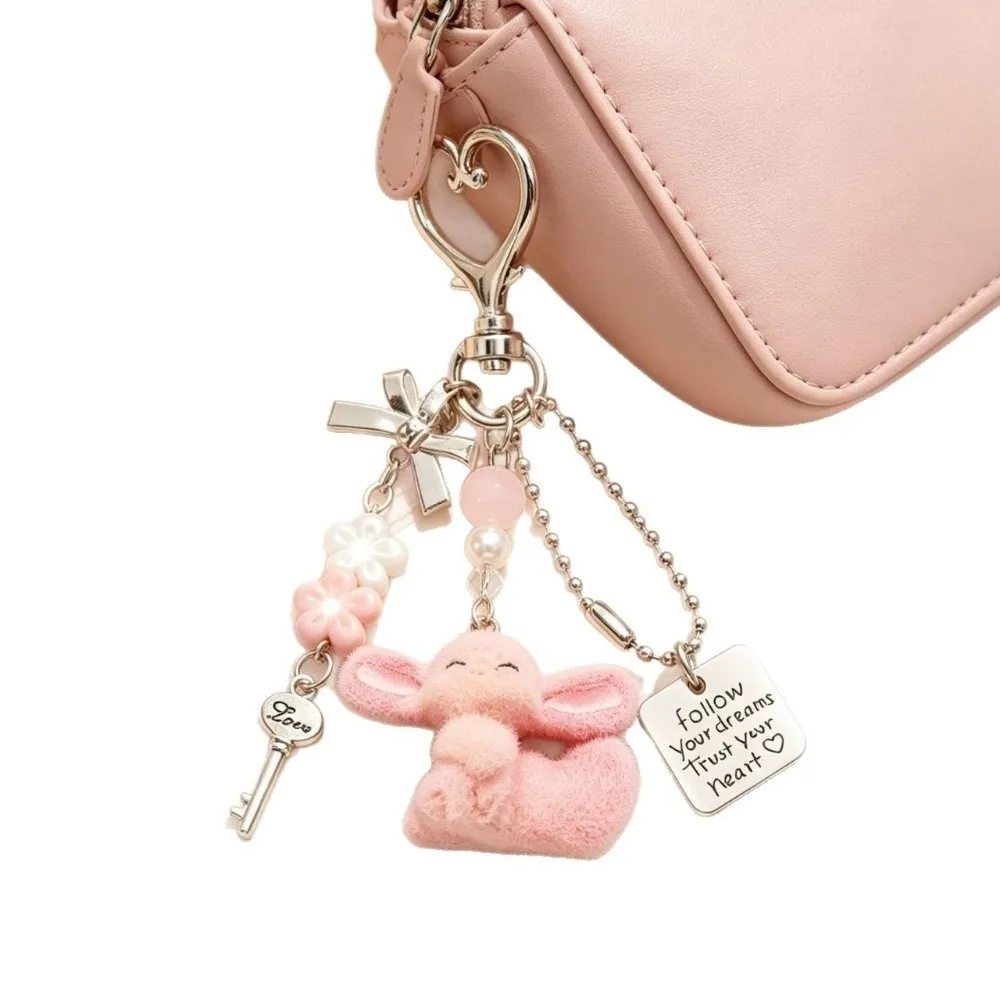 Fashion Flocking Rabbit Keychain Cartoon Lace Ribbon Bag Pendant Handmade DIY Bead Case