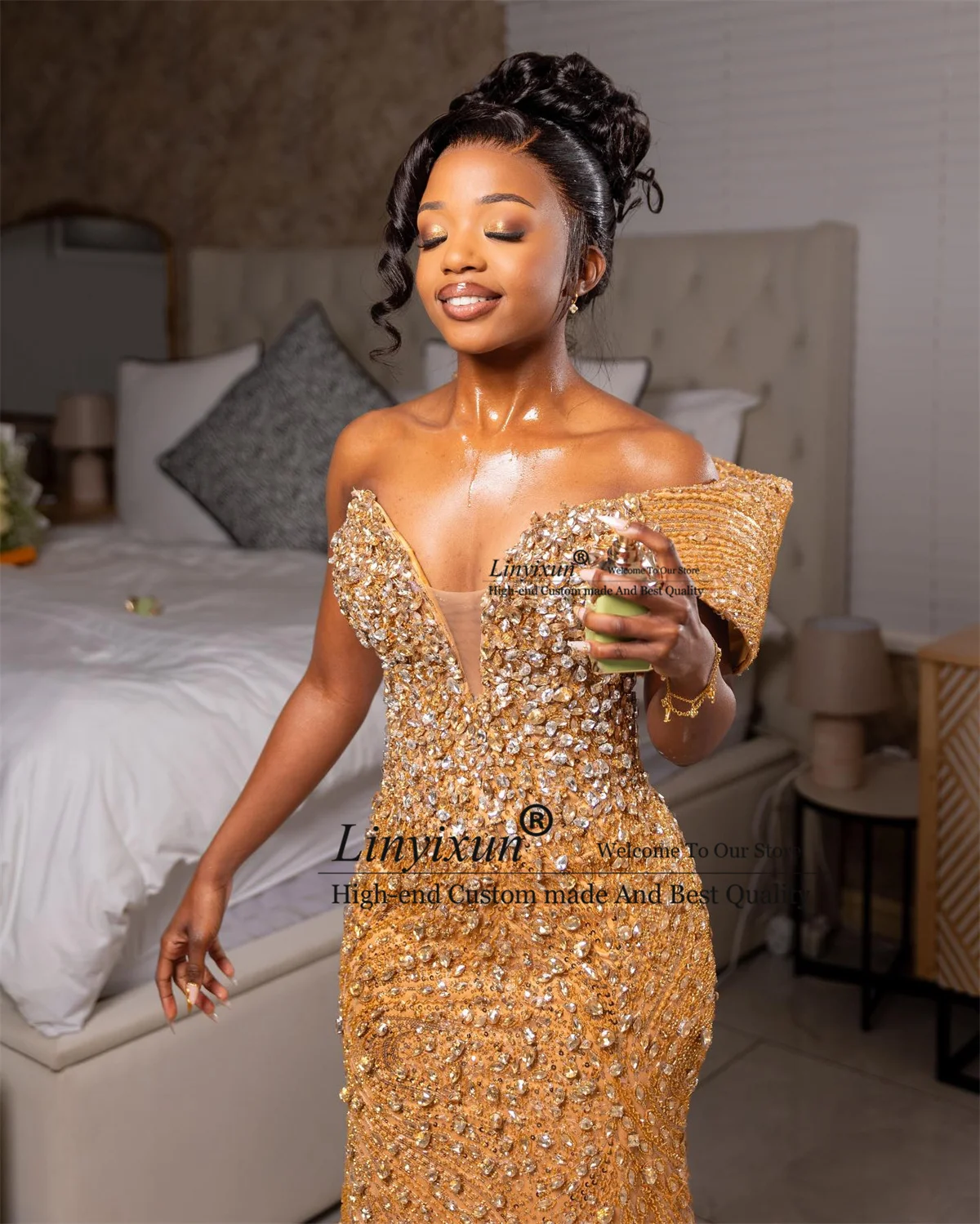 African Black Girls Mermaid Prom Dress Glitter Sequin Diamond Evening Party Gown Off Shoulder Birthday Customized Robe De Soiree