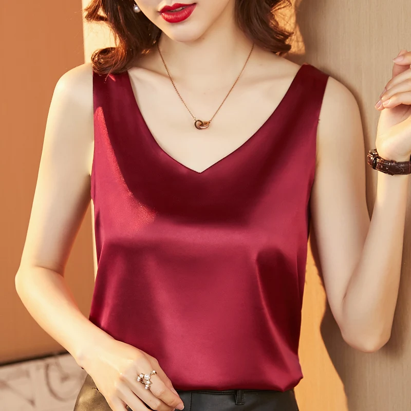 Fashion blouse 2023 Summer strap satin micro elastic vest shirt V-neck cross back casual shirt loose blouse for women