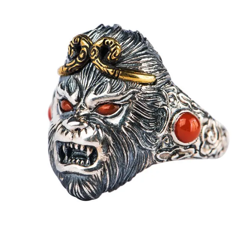 1pcs Retro Chinese Super Cool Monkey King Wukong Head Adjustable Unisex Ring Handmade Lovers Friend Gift Craft Home Decoration