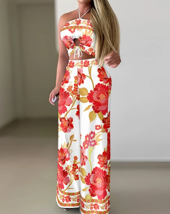 

2-piece suspender drawstring crop top and casual wide leg pants set for women's summer 2025 new women's clothing