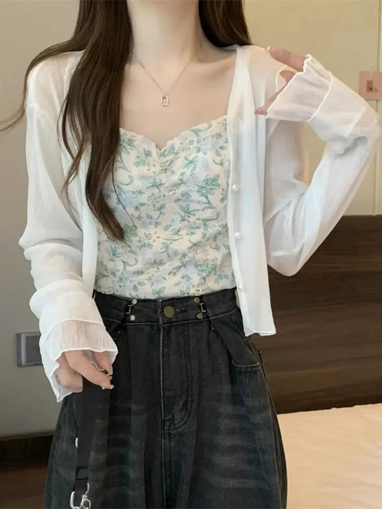 

Women's Summer New Style Sun Protection Chiffon Cardigan Sleeveless Top with Shawl Floral Print Short Outerwear Long Sleeve