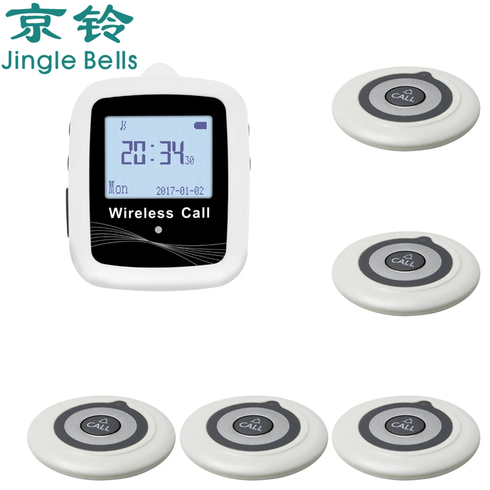 JINGLE BELLS Wireless Restaurant Guest Calling System 5 Buttons 1 Belt Watch Receiver Pager for Hospital, Bar, Cafe, Salon