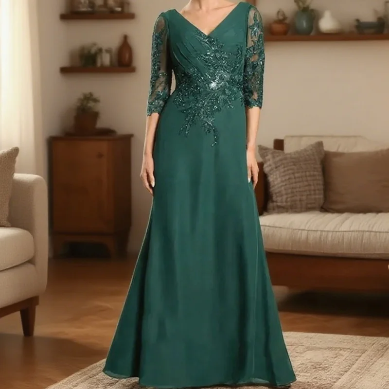 

Wedding Guest Gowns Appliques Customized Long Dark Green Mother of the Bride Dresses with Sleeves