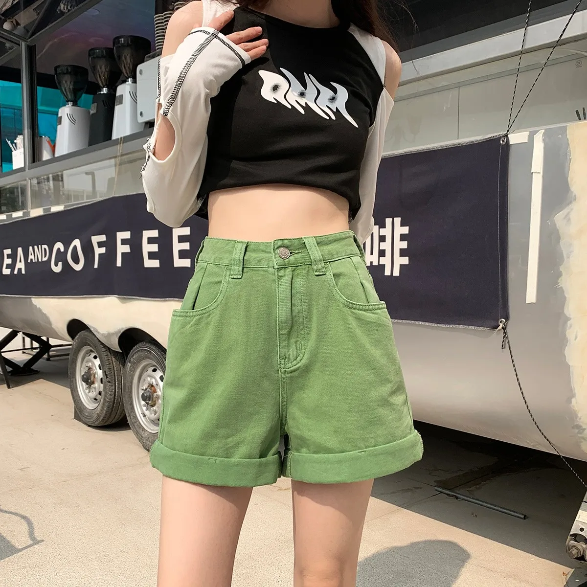 FINEWORDS Vintage Summer Casual Korean Wide Leg Shorts Jeans Streetwear High Waist Denim Shorts Cuff Candy Color Beach Shorts