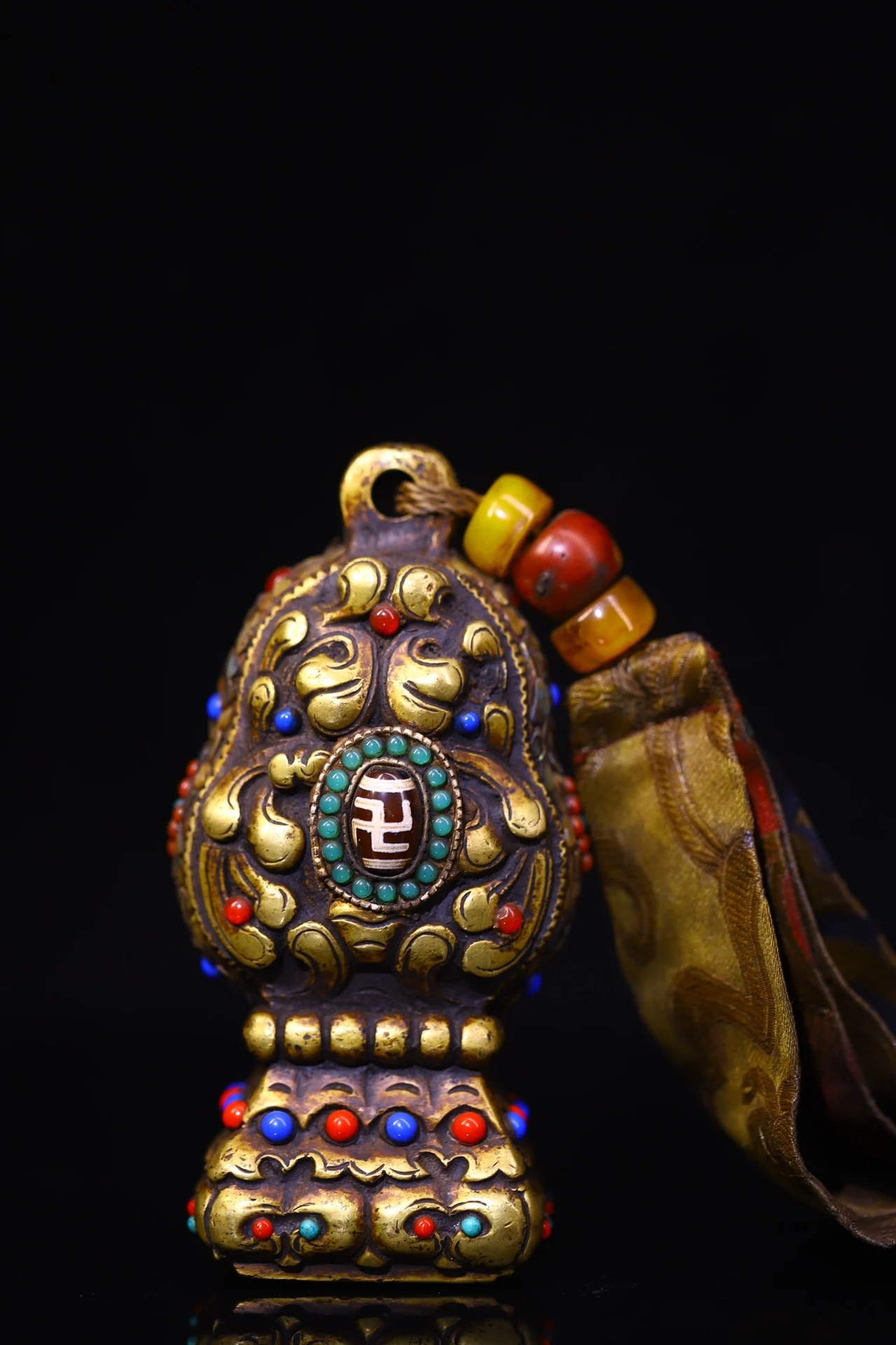 

4"Old China Collections Old Bronze Painted Mosaic Gem gZi Beads Shell Beast Pattern Buddha Seal Pendant Amulet Dharam