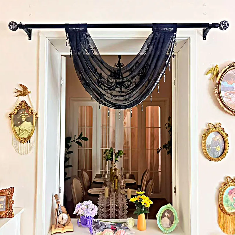 1PC Dark Black Hollow Mirror Lace Water Wave Valance, Retro Sheer Doorway Curtain with Delicate Drop Crystal Bead Ornaments
