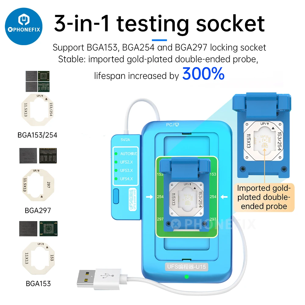 JCID 3 in 1 UFS Programmer U15 for BGA315/254/297 UFS NAND Chip Identify Read and Write USB 3.0 UFS 2.X 3.X 4.X NAND Programmer