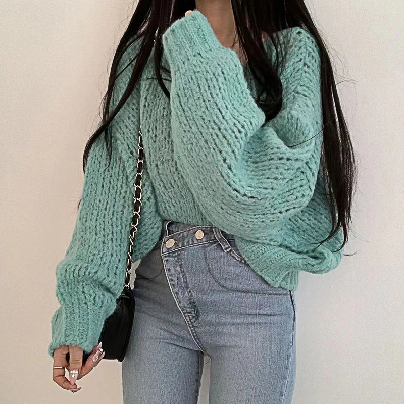 Women Lantern Sleeve O-Neck Knitted Pullovers Hollow Out Solid Sweater Autumn Winter For Women Casual Loose Sweater 2023