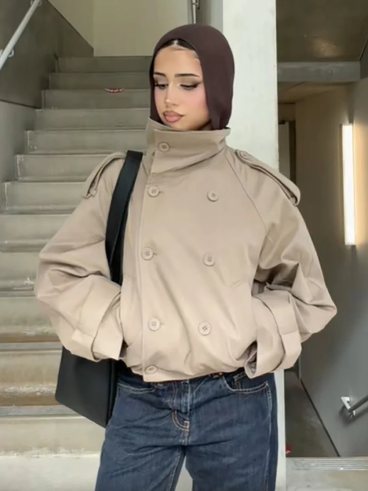 Retro Khaki High Neck Cropped Trench Coat Women Loose Double Breasted Epaulet Design Jacket 2026 Autumn Daily Casual Outerwear
