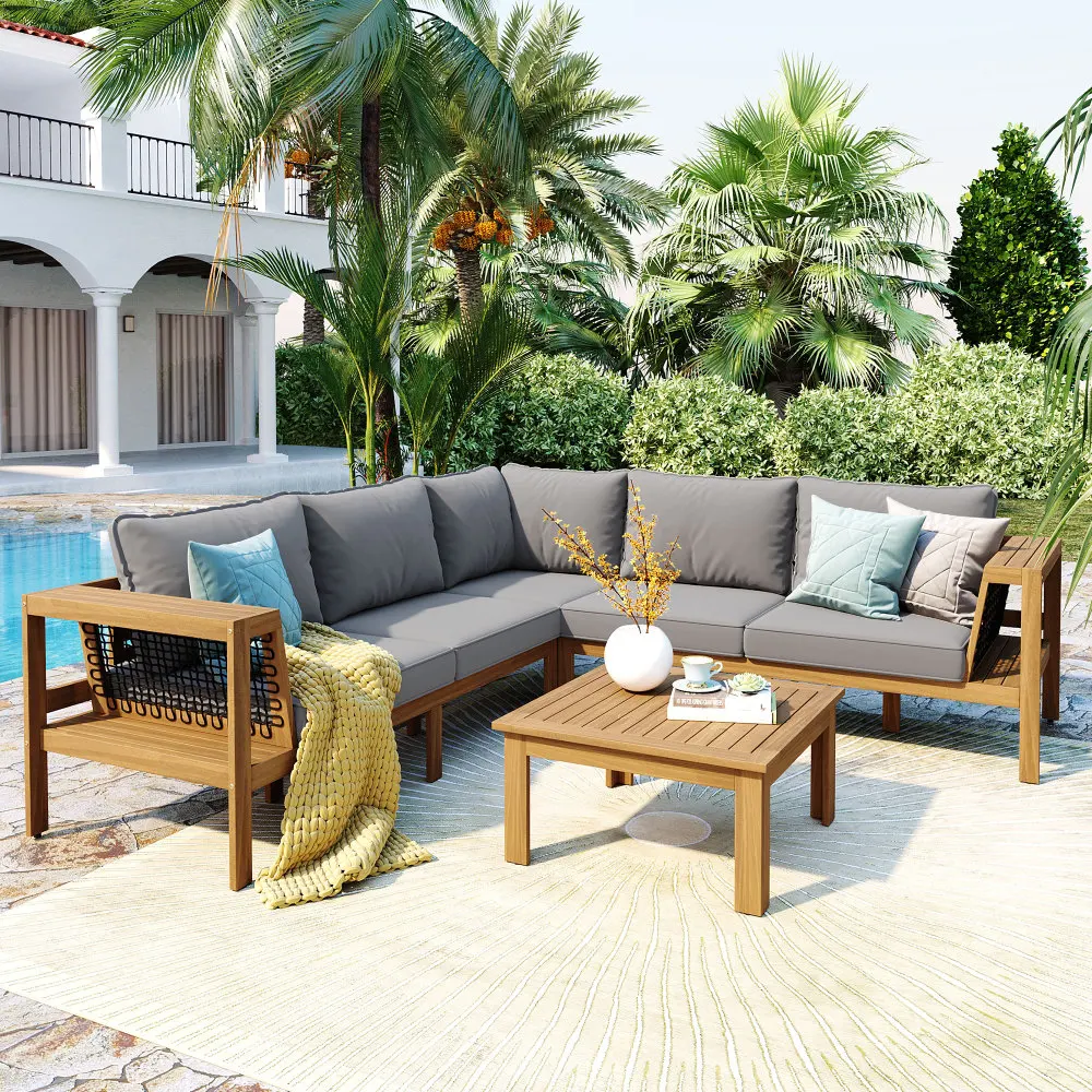 

4-Piece Outdoor Acacia Wood L-Shaped Sofa Set: Mesh Armrests, Coffee Table & Gray Cushions