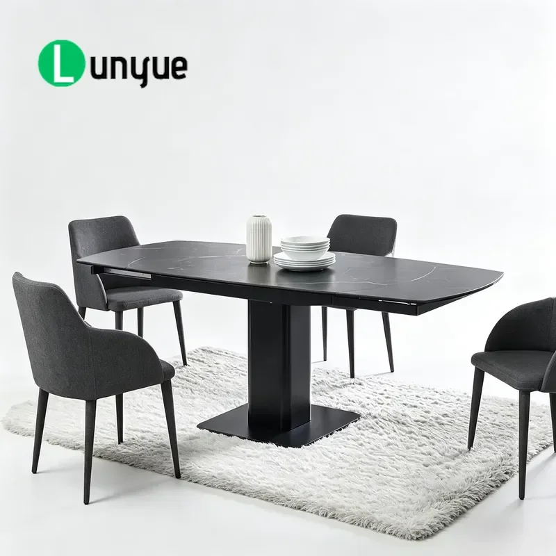 Modern Luxury Retractable Sintered Stone Dining Table Set with Linen Chairs Space Saving Extendable for 4 or 6 People Home