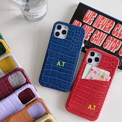 Customized Leather Phone Case with Card Holder Initials Name Letter Crocodile Pattern iPhone17 16 11 12 13 14 15Pro Max 16Plus