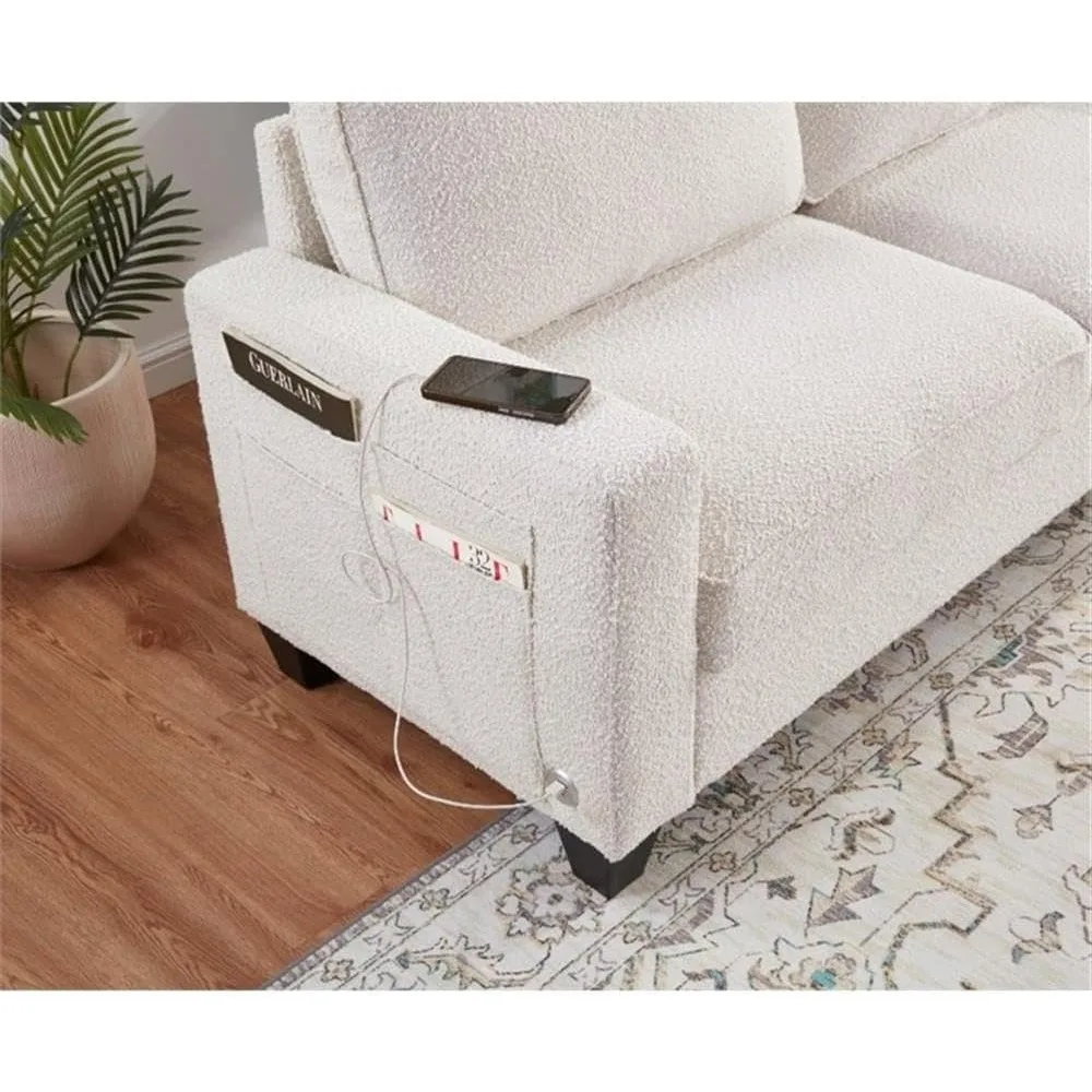 أريكة بمقعدين باللون البيج على الطراز الانتقالي مع منفذ شحن USB وجيوب جانبية، بعرض 57 بوصة، وظيفي وأنيق للأولاد