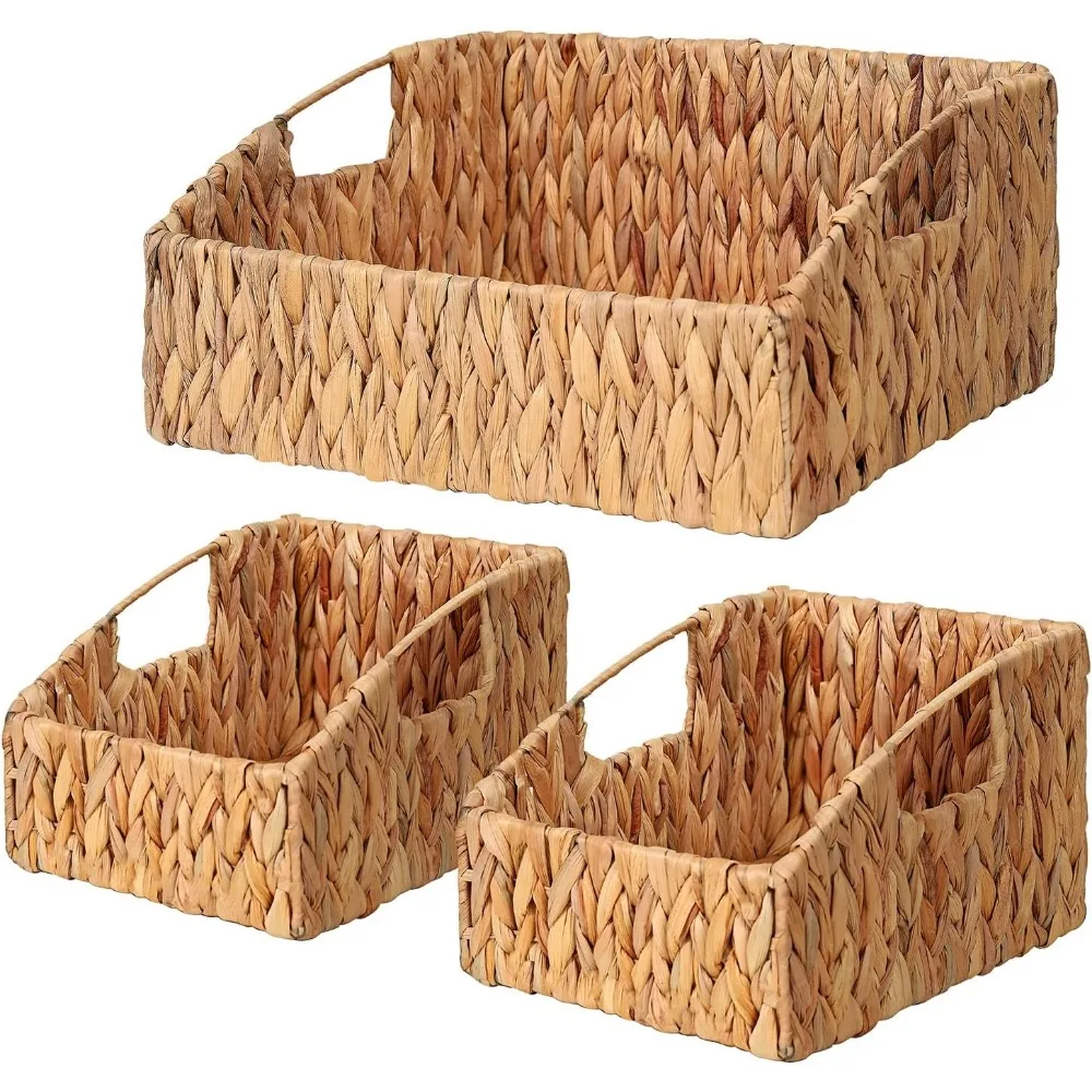 

Natural Water Hyacinth Storage Baskets, Handwoven Wicker Storage Bins with Built-in Handles, Storage Container Baskets for Shel