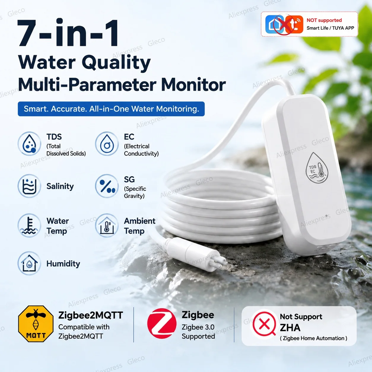 7in1 Zigbee Water Quality Tester TDS Sensor EC/SG/Temp/Humidity/Salinity Meter For Aquariums Hydroponics Smart Home Zigbee2mqtt