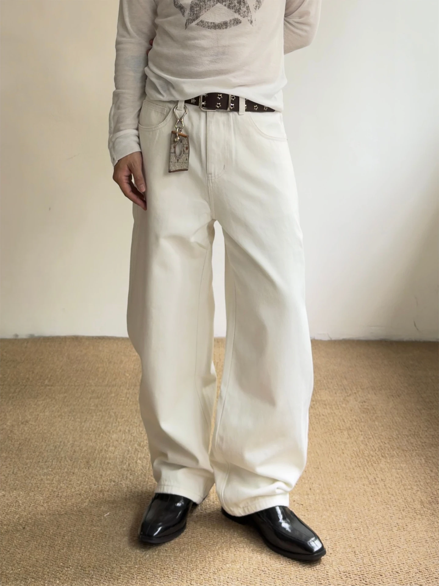 Calças Jeans Unissex Outcast Estilo Coreano Simples Cor Sólida Perna Larga com Corte Preciso Soltas Casuais Estilo Urbano