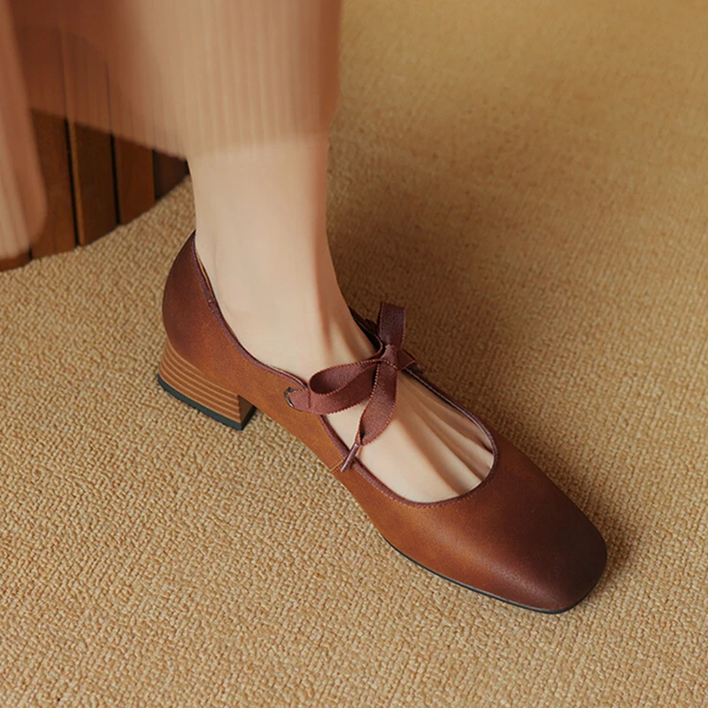 NEW Spring Women Pumps Split Leather Shoes for Women Square Toe Low Heel Pumps Retro Brown Mary Janes Shoes Lace-up Women Shoes