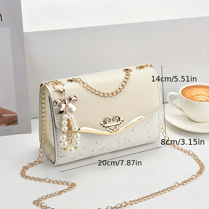 Star Sequins Crossbody Clutch Bag Lady Sweet Fashion Chain Shoulder Bag Women Heart & Bow Decor Square Purse