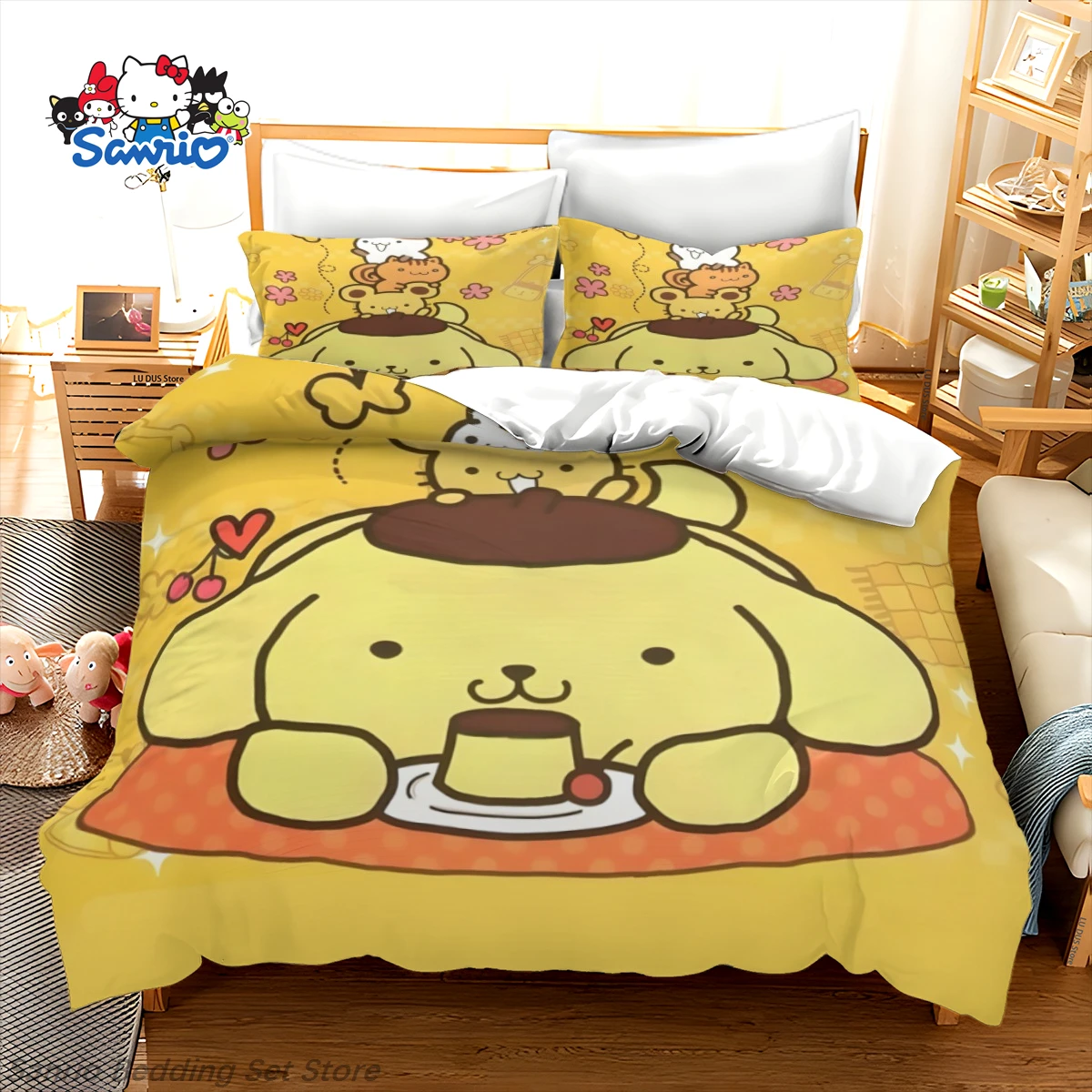 

Kawaii Sanrio 3-Piece Bedding Set Pompompurin Yellow Cute Anime Duvet Cover for Kids Teens Bedroom Decor Gift Queen King Size