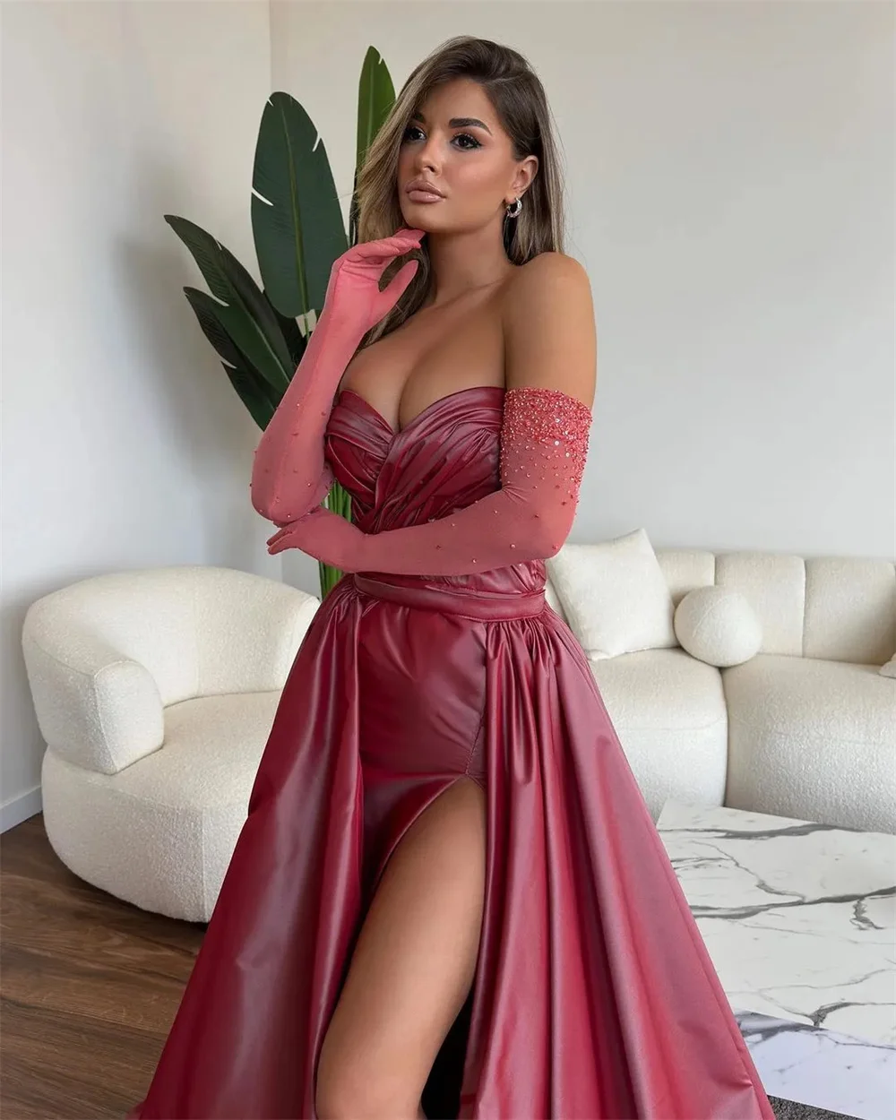 Simple Prom Dresses Sweethear Neck Sleevelss Strapless Plain Satin Pleat Floor-Length Sexy High Side Split Mermaid Evening Dress