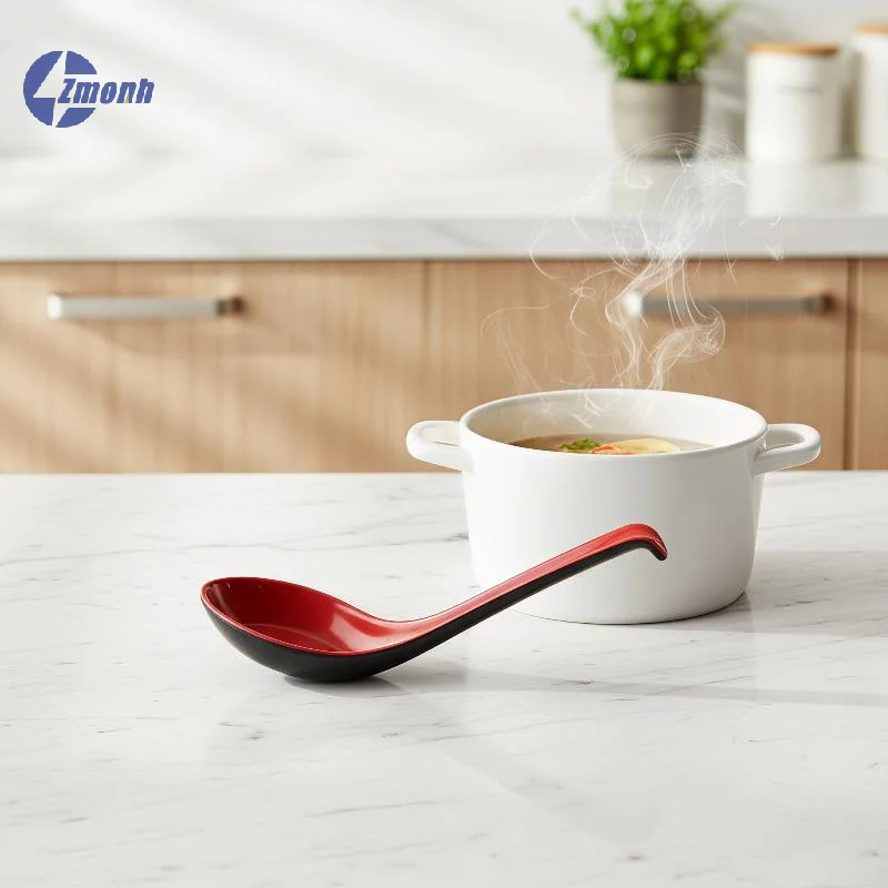 New！2pcs Japanese Style Melamine Red Black Soup Spoon Long Handle Simulated Ceramic Ramen Spoon Drop-resistant Heat-resistant