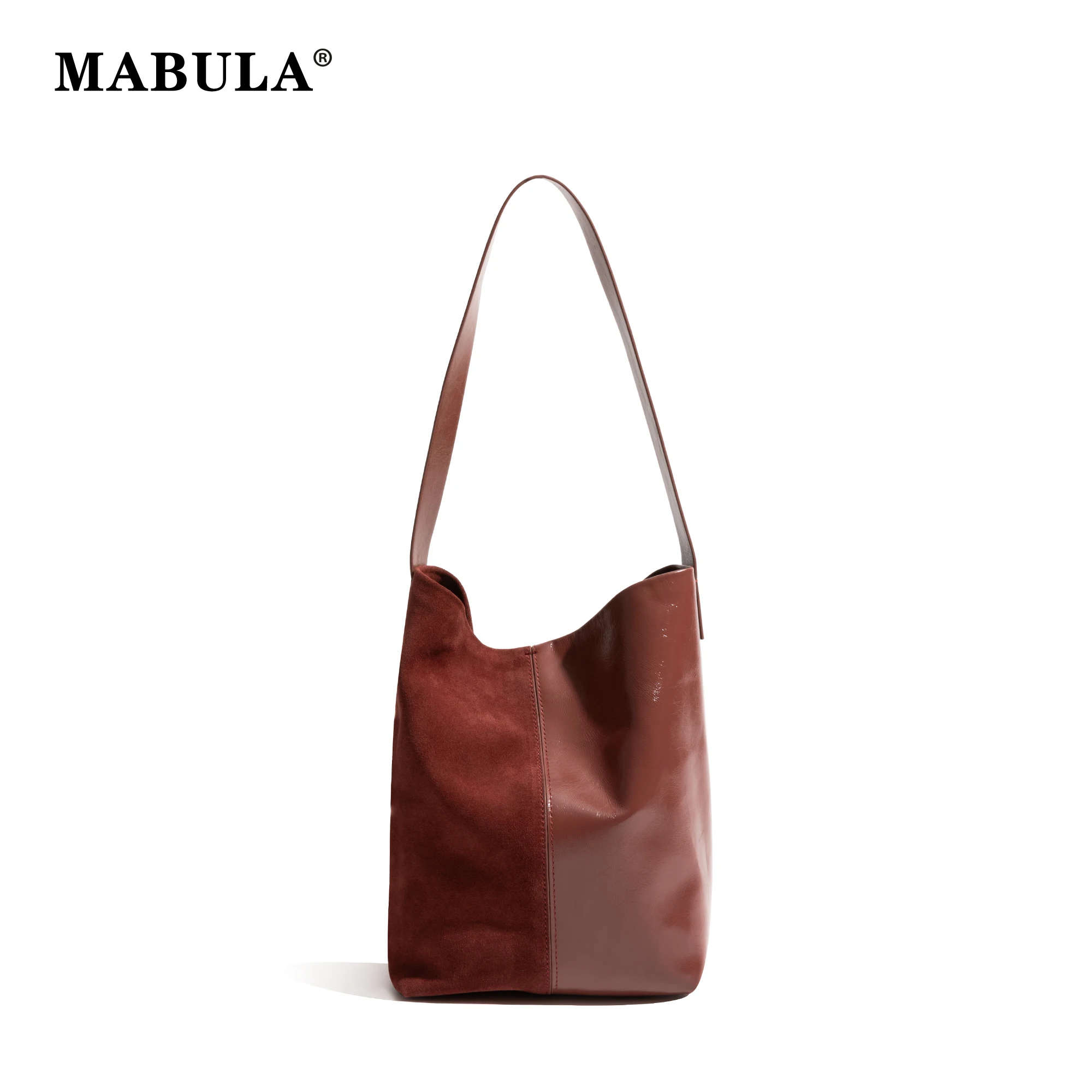 

MABULA Splicing Genuine Leather Bucket Shoulder Bag Luxury Design 2PCS Large Capacity Ladies Daily Work Commuter Tote Handbag