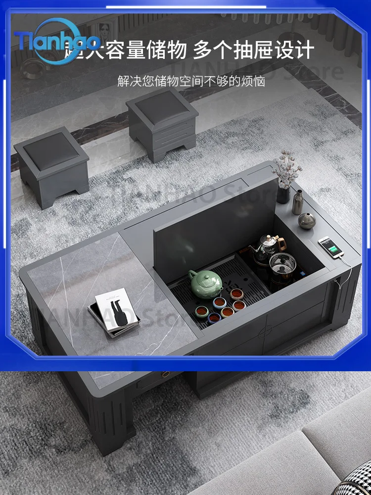 Automatic Lifting Rock Slab Tea Table with Kettle Integrated Tray for Household Use Multi-Functional Solid Wood Tea Table for