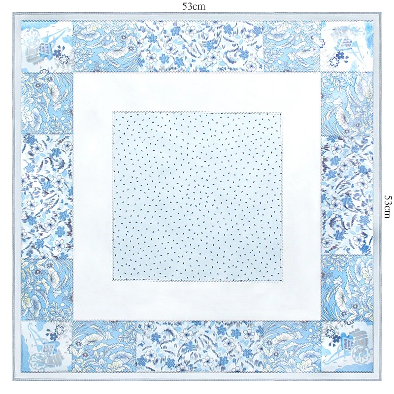 

100% Mulberry Silk Scarf 53x53cm Light Blue Polka Dot Floral Border Square Neck Scarf Bandana for Women Elegant Neckerchief