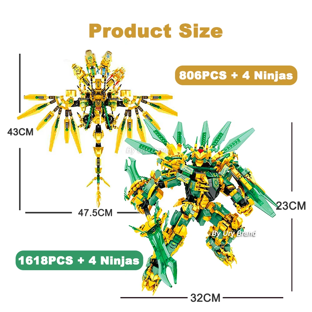 2in1 Ninja Golden Warrior Robot Mech 2 Heads Flying Dragons Set Fighter Figures Building Blocks Toys for Kids Boys Chritmas Gift