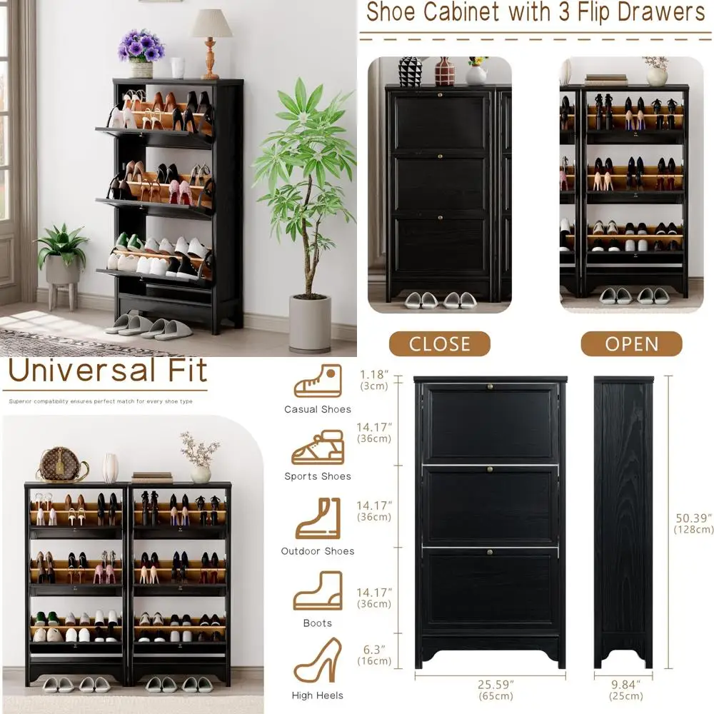 Solid Wood 3-Tier Shoe Storage Cabinet with Flip-Up Doors and Adjustable Shelves for Entryway
