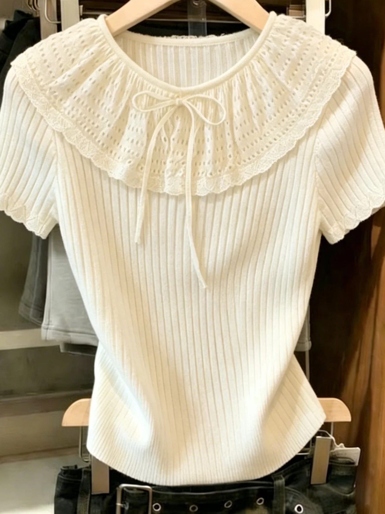 

Summer 2026 Women's Knitted Hollow out Doll Collar Short Sleeve T-Shirt Base Shirt Gentle Style round Neck Regular Length