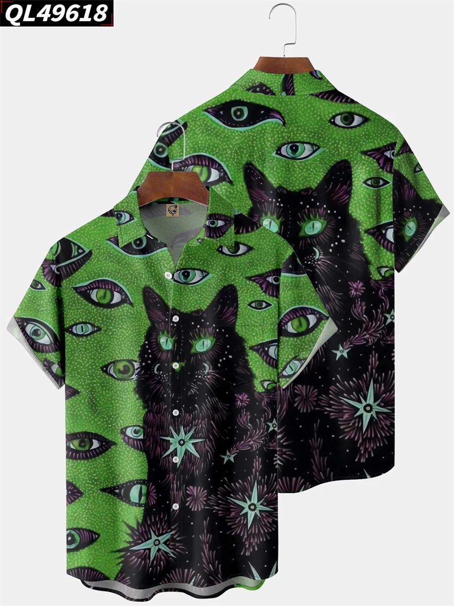 

Summer Fashion Men Hawaiian Green Cat Print Shirts Short Sleeve Button Casual Beach Shirt