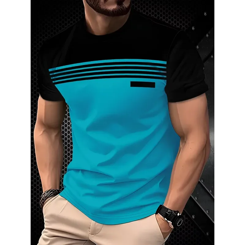 2026 Men T Shirt Summer Casual Fashion Soft Breathable 3D Striped Pattern Print Tee Top