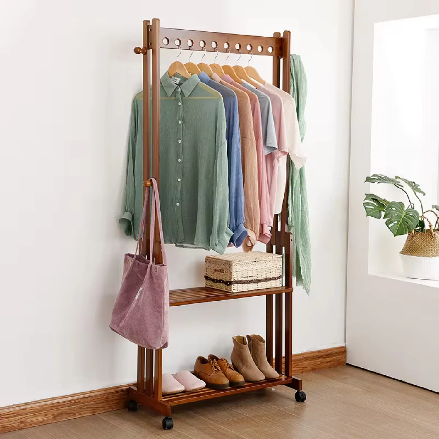 

Vintage Heavy Duty Wooden Clothes Stand Freestanding Rack Shelf Bedroom Hallway Entryway Bamboo Hanging Rail Shoe