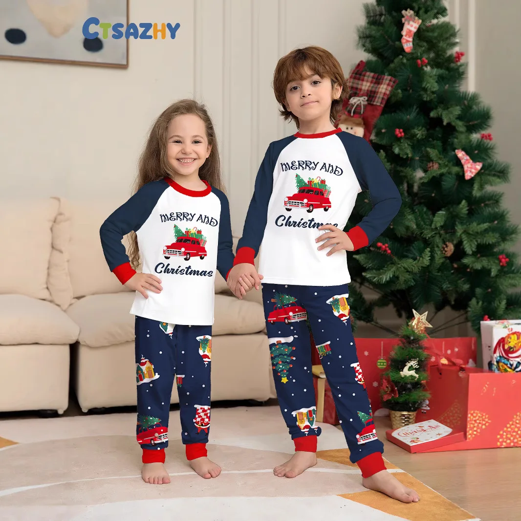 

Рождественский комплект для родителей и детей: мужская и женская домашняя пижама с круглым вырезом, манжетами на плечах, шнурком, с буквенным принтом.