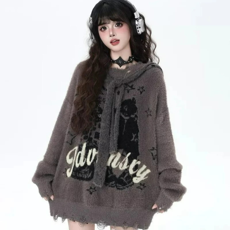 

Detachable Hat American Mink Imitation Retro Letter Design Sweater Women's 2026 Autumn/winter Fashionable Loose Casual Pullover