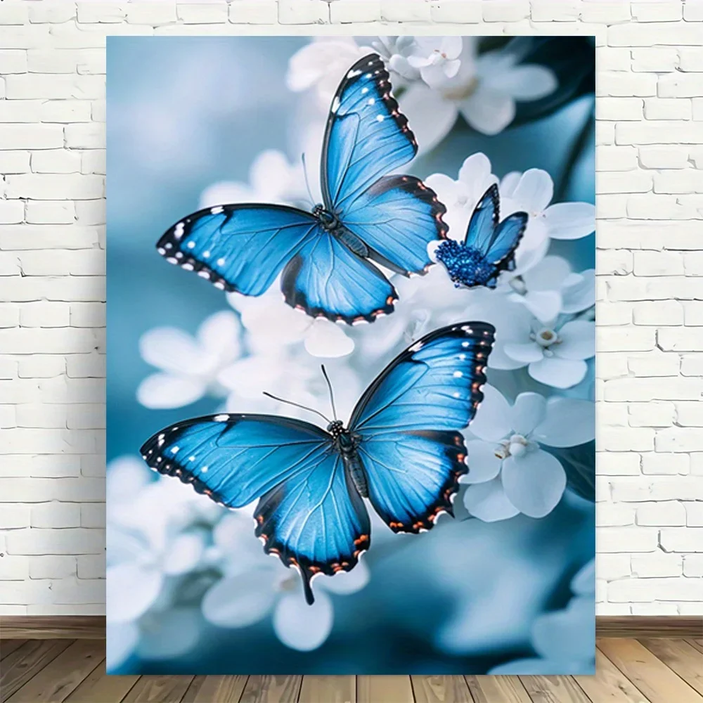 1 pieza de lona | Pósteres e Impresiones | Póster en lienzo con diseño de mariposas azules turquesa y flores blancas, estilo moderno, vintage y minimalista.