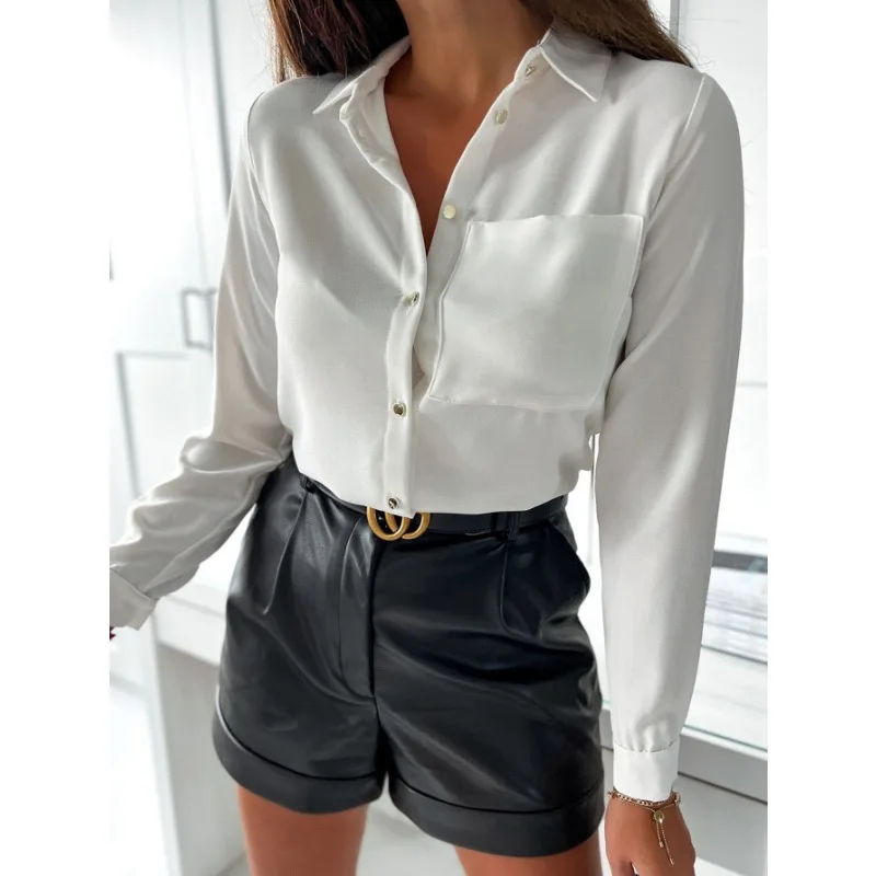 Camicia a maniche lunghe abbottonata stile resort casual Top slim tascabile casual alla moda da donna