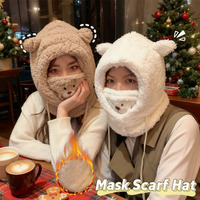 Cute Bear Snood Hood with Face Mask Women's Winter Fleece-Lined Scarf Hat Cap Earmuff Warm Accessory