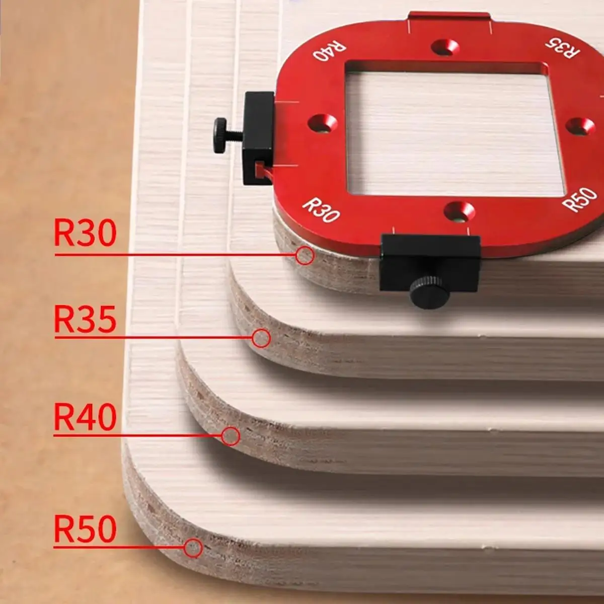 مجموعة قوالب نصف قطر الزاوية المستديرة من الألومنيوم - مساعدة طاولة التوجيه لأعمال النجارة، أداة تساعد على قطع القوس مع مشبك قابل للإزالة، مقاسات R10-R50