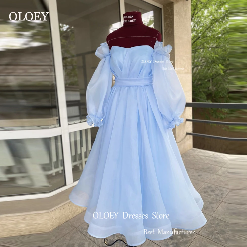 OLOEY azzurro A Line Organza Prom Party Dresses Sweetheart Puff maniche lunghe abiti da sera alla caviglia abito formale di compleanno