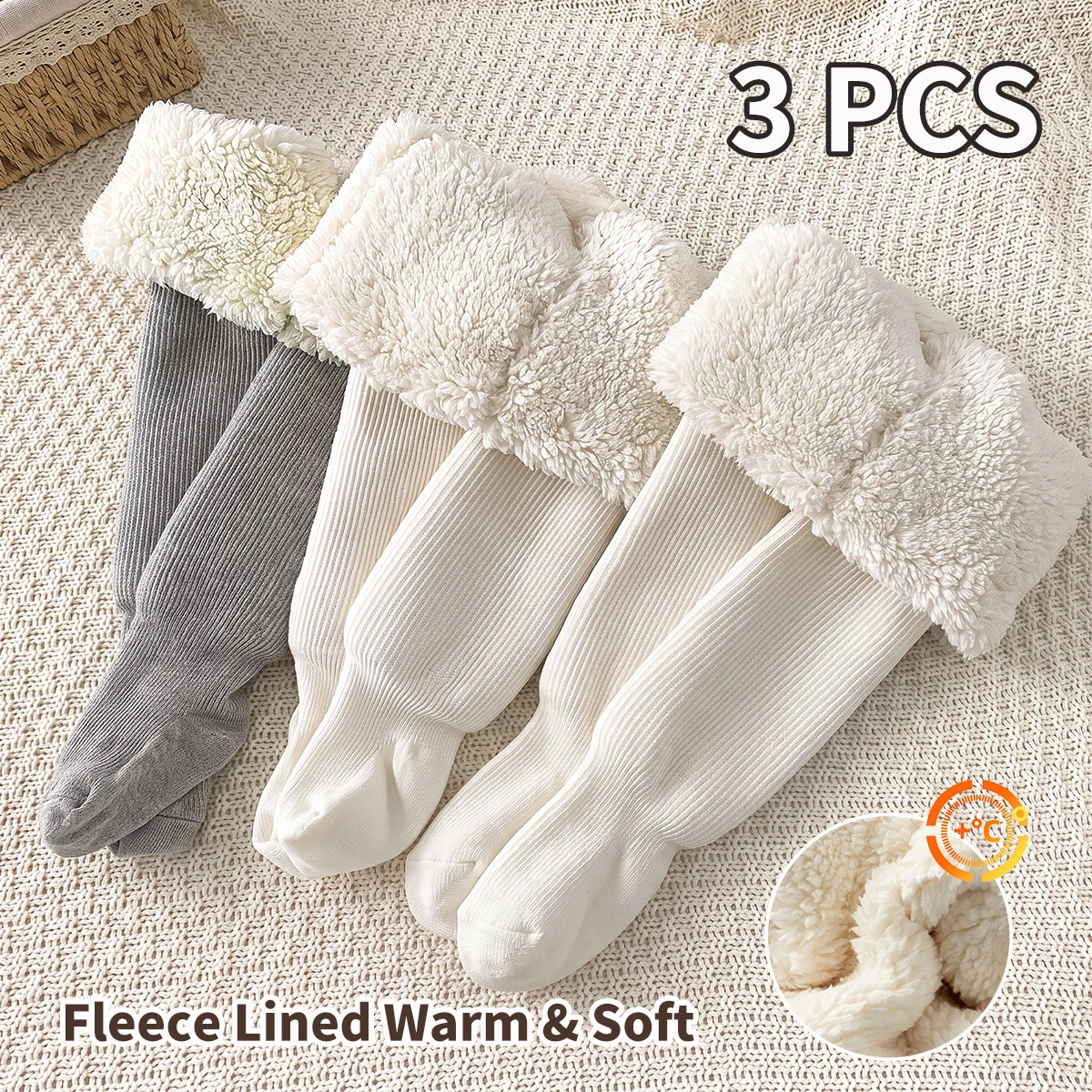 3 PCS Baby Girls Solid Color Thick Fleece Lined Footed Tights, Stretchy Thermal Pantyhose for Autumn Winter