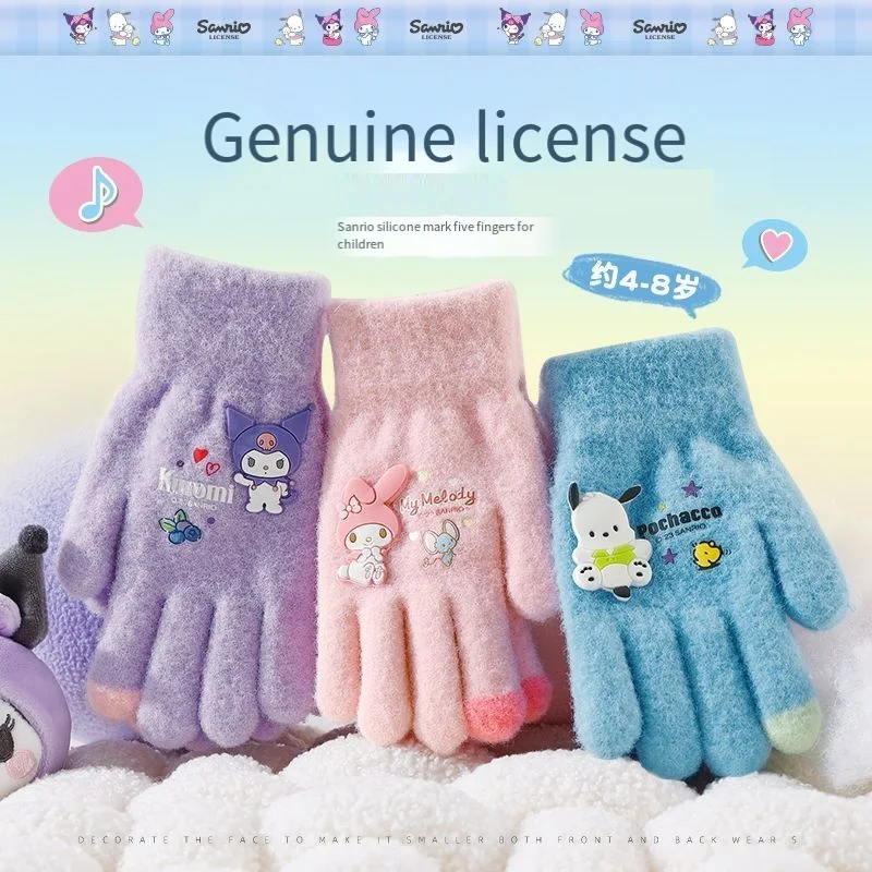 Kawaii Anime Sanrios Kids Gloves Melody Kuromi Pochacco Boy Girl Warm Thickened Five-Finger Plush Gloves Student Antifreeze Gift