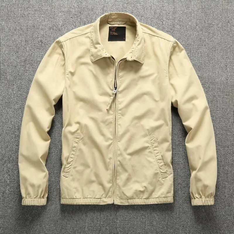 Spring and Autumn New American Retro Long Sleeve Lapel Business Casual Jacket Men's Simple 100% Cotton Washed Zipper Pocket Coat